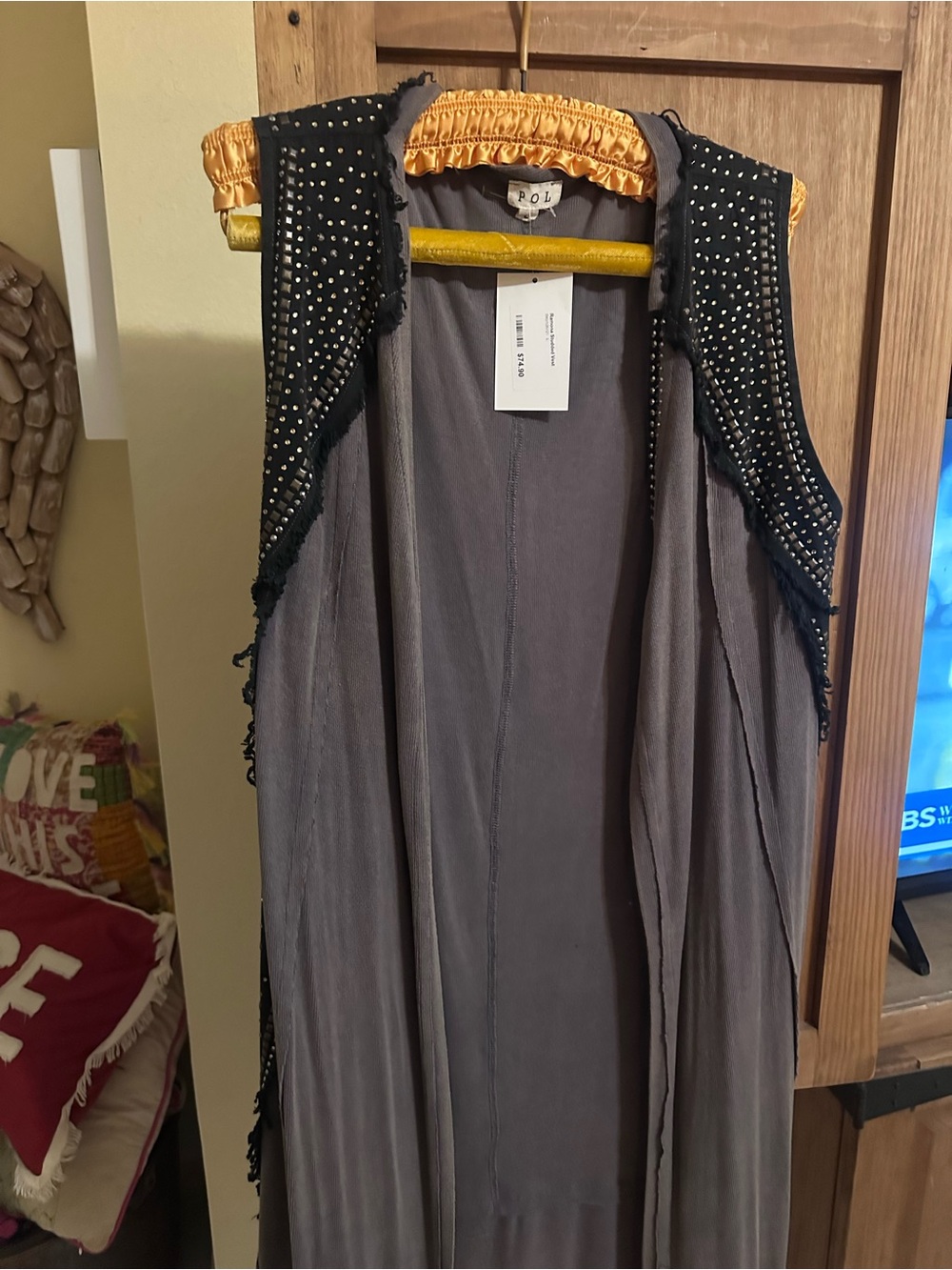 POL Studded Long Open Vest in Charcoal Gray with Black Trim